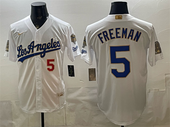 Men's Los Angeles Dodgers #5 Freddie Freeman White 2026 Gold Collection 9x & B2B Champs Patch Stitched Baseball Jersey Men's Los Angeles Dodgers #5 Freddie Freeman White 2026 Gold Collection 9x & B2B Champs Patch Stitched Baseball Jersey